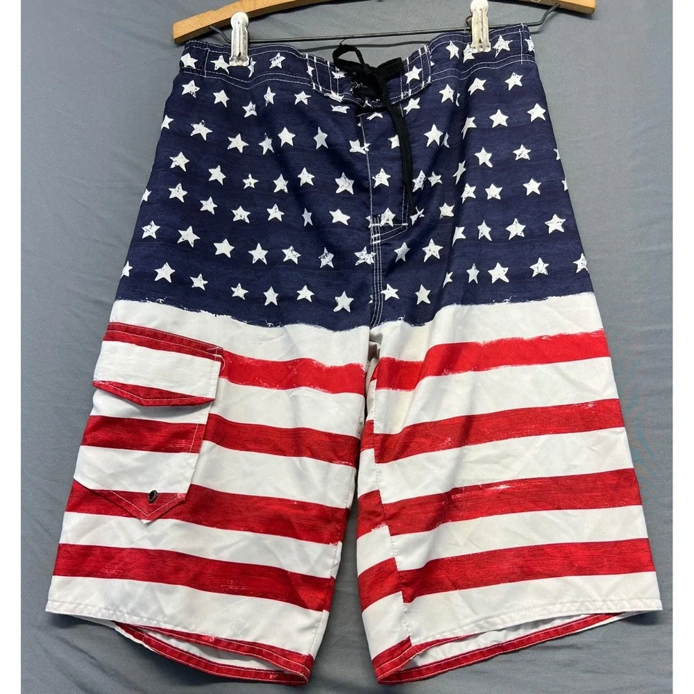 Hang Ten Board Shorts Mens Large Red White Blue Good American Flag Swim Trunks